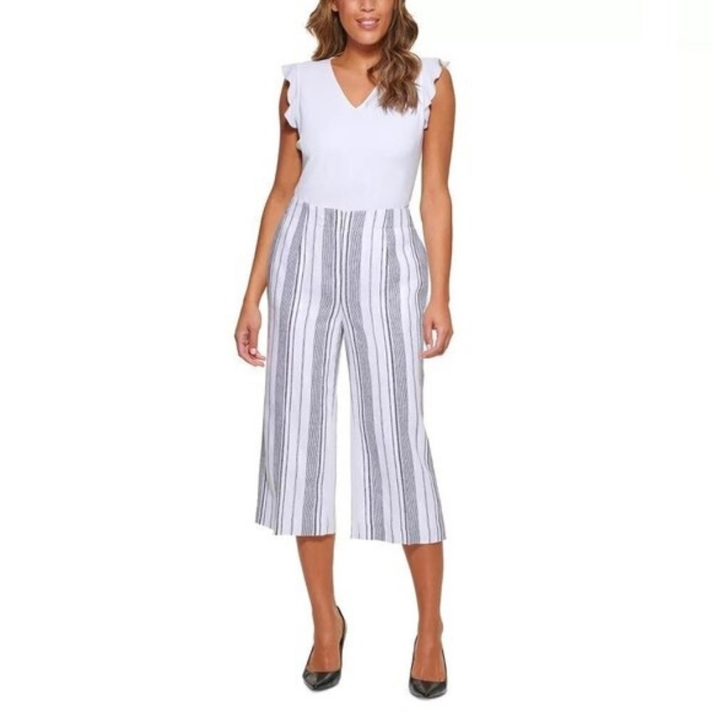 Calvin Klein Linen Blend White &Black Striped Wide-Leg Chropped Capri Suit Pants
